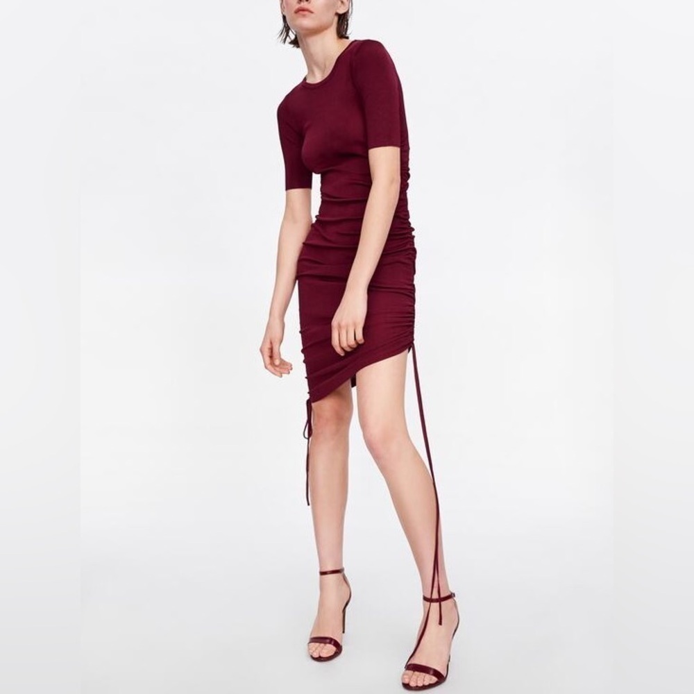 Zara Burgundy Ruched Drawstring Side Short Sleeve Dress sz S